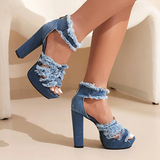 Sohiwoo  Sexy High-heeled Jean Sandals Women Platform Tassel Fringe Denim High Heels Zipper Sandals for Summer Ladies