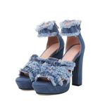 Sohiwoo  Sexy High-heeled Jean Sandals Women Platform Tassel Fringe Denim High Heels Zipper Sandals for Summer Ladies