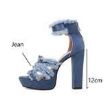 Sohiwoo  Sexy High-heeled Jean Sandals Women Platform Tassel Fringe Denim High Heels Zipper Sandals for Summer Ladies