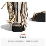 Sohiwoo new winter women's boots Roman retro ethnic style fashion tassel design Middle tube knight Martin motorcycle boots shoe