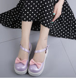 Sohiwoo vintage round head low heel women shoes cute bowknot one-word buckle kawaii shoes loli cosplay Japanese sweet lolita shoes