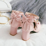 Sohiwoo Japanese Sweet Lolita Sandals Summer Princess Sweet Lolita Shoes Cute Student Daily Bowknot Leather Shoes Round Head Thick Heel