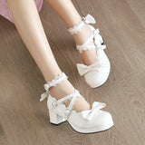 Sohiwoo Lolita women's shoes bow knot Japanese Lolita shoe cute girl round head middle heel fashion harajuku kawaii shoes