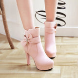 Sohiwoo High heel children sweet bow thick heel boots students  vintage round head plus cashmere keep warm women shoes cute bowknot