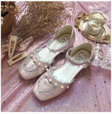 Sohiwoo vintage square head flat women shoes cute lace pearl kawaii shoes loli cosplay Sweet princess lolita shoes