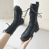 Sohiwoo Fashion Chunky Platform Motorcycle Boots Women Autumn Winter PU Leather Mid Calf Boots Woman Thick Bottom Punk Botas Shoes