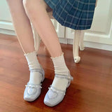 Sohiwoo vintage square head flat women shoes cute lace pearl kawaii shoes loli cosplay Sweet princess lolita shoes