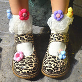 Sohiwoo Kawaii girl Lolita cute big shoes Leopard printing  Flat Platform Shoes college style round head soft sister lovely princess cos