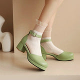Sohiwoo  2024 Summer Sweet Girls Lolita Shoes Closed Toe Green Pink Mary Janes Lady Pumps Chunky Middle Heels Womens Sandals