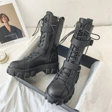 Sohiwoo Fashion Chunky Platform Motorcycle Boots Women Autumn Winter PU Leather Mid Calf Boots Woman Thick Bottom Punk Botas Shoes