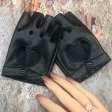 Sohiwoo 1Pair Women Punk Short PU Leather Gloves Half Finger Fingerless Hip-Hop Driving Motorcycle Unisex Men Handsome Black Gloves