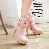 Sohiwoo High heel children sweet bow thick heel boots students  vintage round head plus cashmere keep warm women shoes cute bowknot