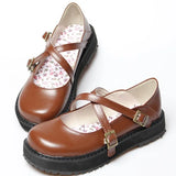 Sohiwoo Classic Retro Lolita Shoes Jk Student Mid Heel Flats Anime Cute Round Toe Cross Buckle Japanese Harujuku Cosplay Kawaii Shoes