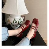 Sohiwoo women Red retro style thick heeled Mary Jane shoes flat medium heeled soft leather single shoes