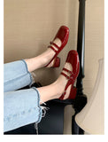 Sohiwoo women Red retro style thick heeled Mary Jane shoes flat medium heeled soft leather single shoes
