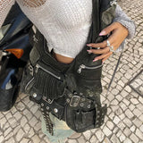 Sohiwoo vintage Multiple pockets denim women shoulder bags punk wide strap rivet lady  handbags retro Underarm Bags Female purses