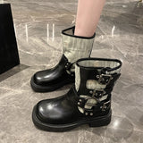 Sohiwoo Metal Decor Chunky Platform Ankle Boots Women Autumn Patchwork Thick Bottom Motorcycle Boots Woman Pu Leather Short Booties