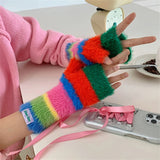 Sohiwoo Winter Rainbow Knitted Half Finger Gloves Mink Fleece Soft Warm Stripe Plush Fingerless Gloves Women's Long Wrist Mittens Decor