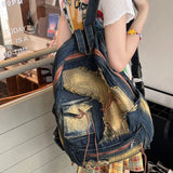 Sohiwoo Washed Denim Womens backpack Large Capacity y2k Hot Fashion Designer big Travel Bag Girls  Daypack backpack casual commuter bag