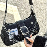 Sohiwoo Y2k Fashion Women's Handbags Stars Pattern Cool Girl Underarm Bag Vintage Canvas Female Shoulder Bag Chain Crossbody Tote Purses