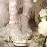 Sohiwoo French Vintage Lolita Girls Shoes Elegant Tea Party Palaca Ribbon Bowknot Pearls Gems Lace Pointed Sandals 5-6cm High Heeled