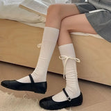 Sohiwoo Lolita Bow Socks Women Ribbon Sweet Bow Bandage Stripe Calf Stockings Girls Cute Elastic Cotton Solid Color Versatile Long Socks