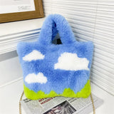 Sohiwoo Blue Sky White Clouds Cute Original Design Kawaii Plush Handbag Crossbody Bag Shoulder Bag Cartoon Fashion Women Bag Purses