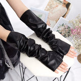 Sohiwoo New Black Punk Gothic Sexy Long PU Leather Fingerless Gloves for Women Rock Gloves Hip Pop Mittens Clubwear Dance Cosplay