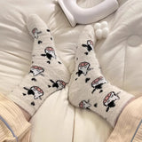 Sohiwoo 2Pairs Lovely Cow Pattern Fuzzy Crew Socks Milk Spotted Plush Thickened Soft Cute Comfortable Mid Tube Socks Warm Autumn Winter