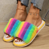 Sohiwoo Rainbow Furry Fluffy Slippers Women Non Slip Flat Heels House Slippers Woman Winter Lightweight Home Floor Shoes Indoor Slides