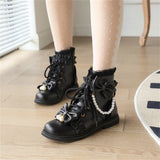 Sohiwoo Japanese Style Sweet Girl Kawaii Lolita Shoes Round Head Flat Bottom Lovely Ruffle Ruffle Pearl Shoelace Plush 2cm Short Boots