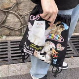 Sohiwoo Y2k Aesthetic Casual All Match Backpack Japanese Cartoon Chic Drawstring Schoolbags Women Harajuku Vintage Cat Print Canvas Bags