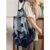 Sohiwoo Y2K Korean Goth Backpack For Women Stars Collage Denim Shoulder Punk Bag Large Capacity School Backpack Travel Mochila Femenina