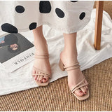 Sohiwoo Women Sandals Ladies Square Heels Elegant Summer Slippers Outside Cross Tied Leather Female Slides Fashion Woman Sandals