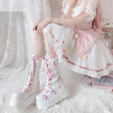 Sohiwoo Lolita Shoes Boots Woman Winter  Platform Heels Women's Mid Calf Booties Gothic Pink Kawaii Chain JK Cosplay Japanese Style