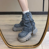 Sohiwoo Chunky Women Blue Denim Short Boots Fashion Slip On Ankle Booties Autumn Winter Female Platform Heel Shoes