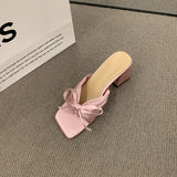 Sohiwoo Bowtie Women Sandals Slippers High Heels Luxury Designer Black Chunky Heel Casual Shoes Pumps Party Wedding Pink White Sandalias