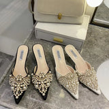 Sohiwoo Pointed-toe Rhinestone Pearl Stiletto High-heeled Half-slipper Women's Fashion Muller Shoes Luxury Sandals Wedding Dress Shoes