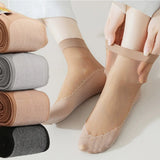 Sohiwoo Spring Summer Women Soft Socks Velvet Silk Socks Non-Slip Bottom Splice Transparent Ladies Ultrathin Breathable Sock