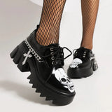 Sohiwoo Platform Chunky Heel Gothic Pumps Women Heeled Shoes Skull Motorcycle Metal Chain Shoes Lace Up Sneakers Big Size 43