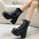 Sohiwoo Autumn Thick Heel Mid-calf Boots Women Chunky Sneakers High Heels Winter Platform Leather Shoes Woman Metal Buckle Punk Boots