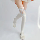 Sohiwoo Thigh High Socks Knit Lace Bowknot Autumn and Winter Thick Leg Warmers Stockings White Black Lolita Cute Over the Knee Socks