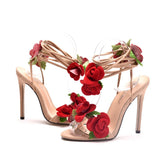 Sohiwoo 2024 New Satin Rose High Heel Cross Straps Round Head Fine Heel Super High Heel Large Size Strappy Women's Sandals Wedding Shoes