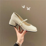 Sohiwoo Ladies Summer Footwear Mary Jane Shoes for Women 2024 with Medium Heels Japanese Style Lolita Pearl Square Toe Gothic White Y2k