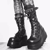 Sohiwoo Autumn Winter Sale Punk Halloween Witch Cosplay Platform High Wedges Heels Black Gothic Calf Boots Women Shoes Big Size