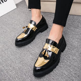 Sohiwoo Fashion Golden Men's Casual Slip-On Tassel Patent Loafers Thick Bottom Elevator Shoes Men's Party Shoes Business Leather Shoes Brogue