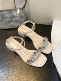 Sohiwoo Ladies Shoes Square Heels Summer 2024 Diamond Footwear Beige Sandals for Women Rhinestones Medium One Word Asian Size F Korea H