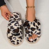 Sohiwoo Fashion Cross Band Fluffy Furry Slippers Women Cozy Open Toe Leopard Print Plush Home Shoes Woman Flat Heel Warm Fur Slides