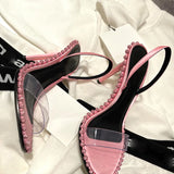 Sohiwoo High Heel Open Toe Rhinestone Transparent Stripe Female Summer Mid Heel Pink Sandals Female