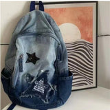 Sohiwoo Y2K Korean Goth Backpack For Women Stars Collage Denim Shoulder Punk Bag Large Capacity School Backpack Travel Mochila Femenina